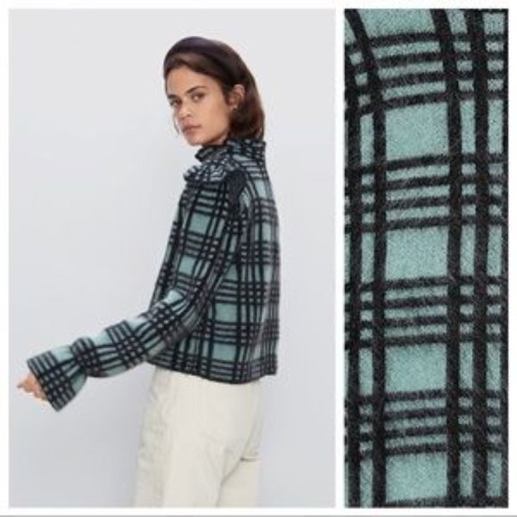 ZARA wool mohair sweater NWT green black S ruffle shoulder soft - Picture 2 of 13